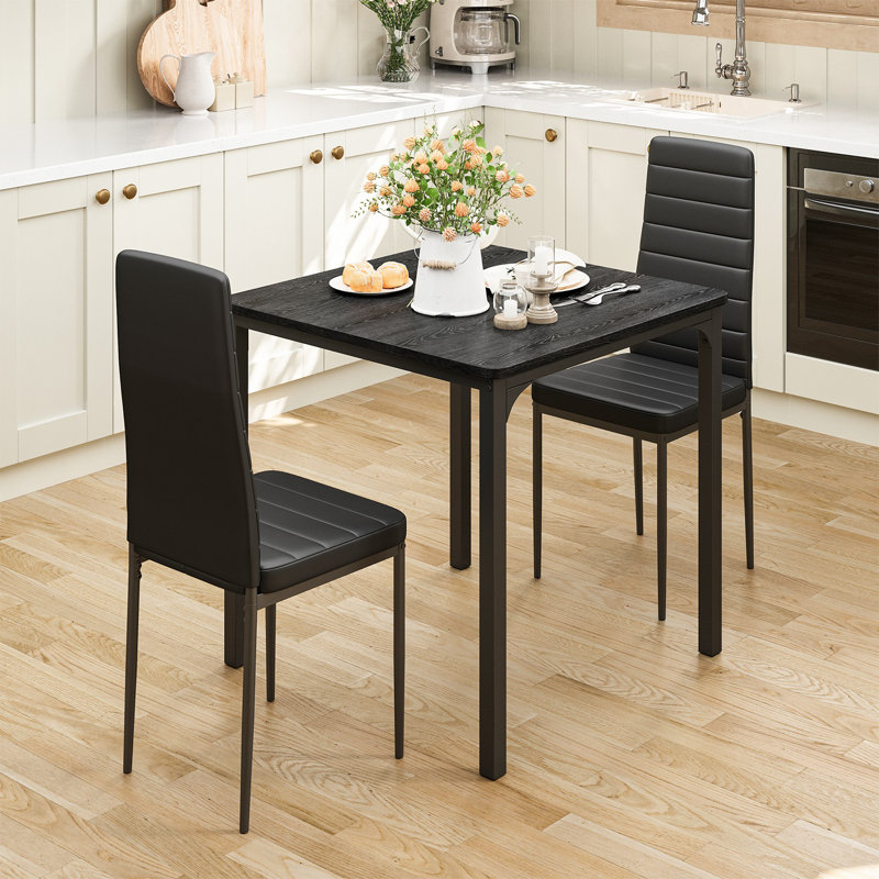 Ergonomic Leather 3-Piece Dining Set - Water-Resistant, Space-Saving For Small Spaces, Black