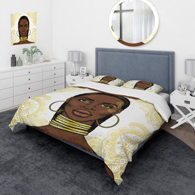 Portrait Of African American Woman, Ornaments I - Modern Duvet Cover Set - Microfiber Polyester