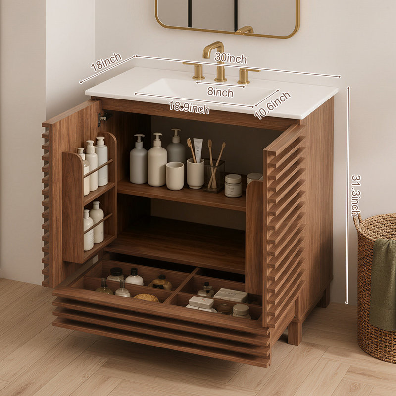 Meuble-lavabo de salle de bain en MDF de 76 cm (30 po) avec lavabo en céramique, meuble autoportant avec portes cannelées et rangement