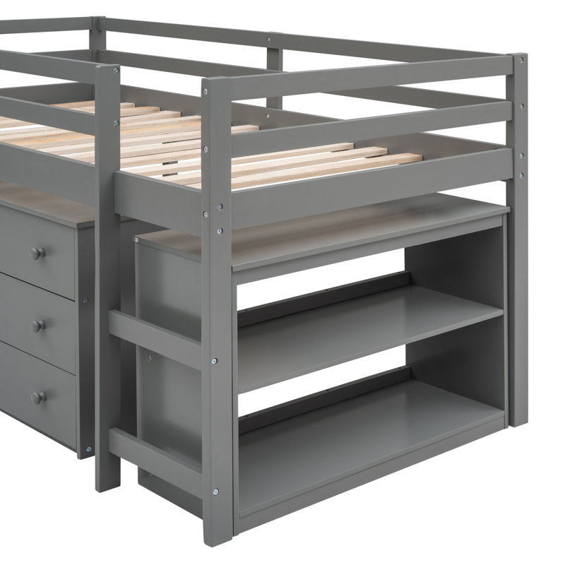 Lit mezzanine bas avec cabinet et bureau portatif à roulettes Low Old Sku: Lpaae, Gris
