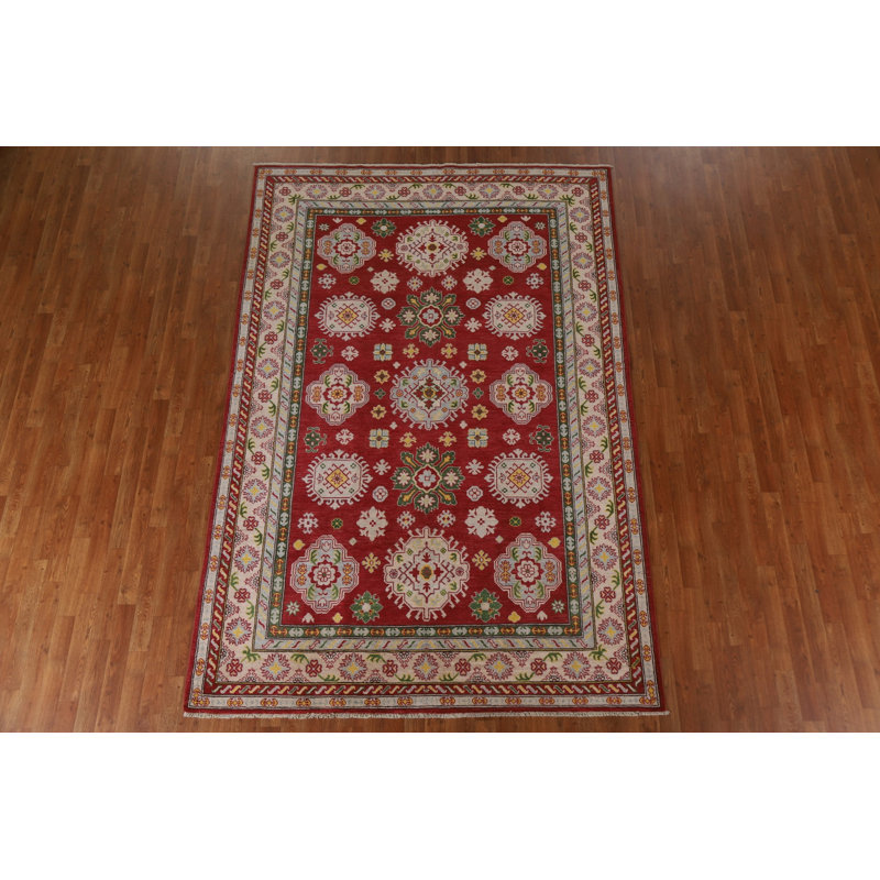 Tapis rouge / vert / ivoire en laine noué à la main de conception unique 6 pi 6 po x 9 pi 8 po New Age