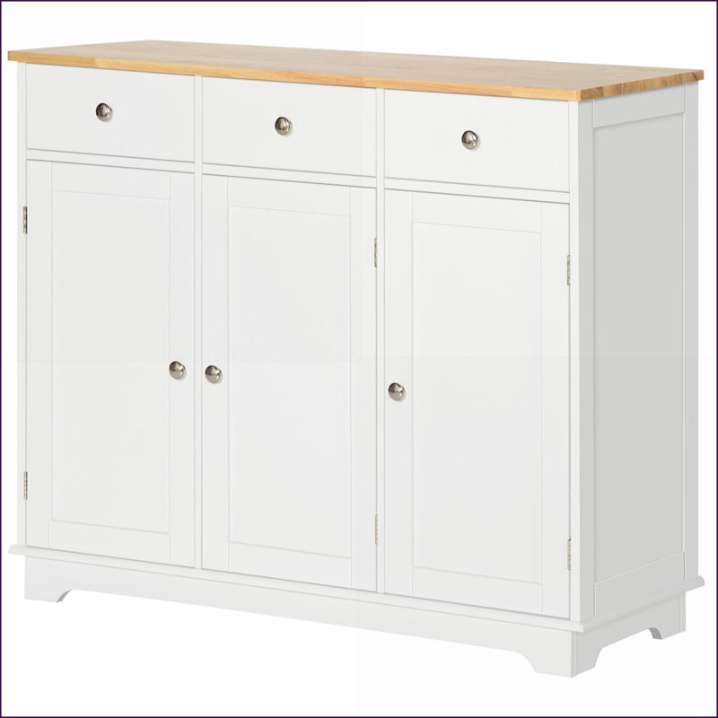 Sideboard, Modern White Storage Cabinet with 3 Drawers, 2 Doors &amp; Adjustable Shelf | Solid Wood Countertop | MDF Frame