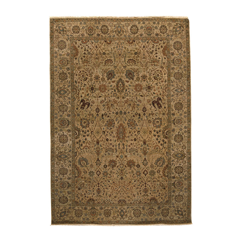 Tapis unique en laine noué à la main de couleur chameau / or 6 pi 2 po x 9 pi 2 po