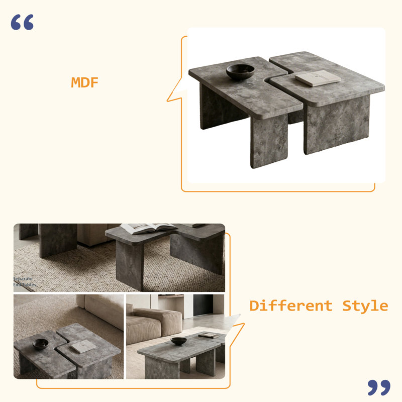 Ensemble de 2 tables basses modulaires en travertin, ensemble de tables gigognes en forme de L, table d'angle séparable pour les petits espaces et le salon