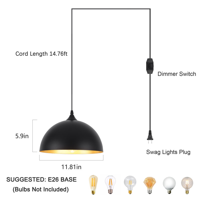 Mehriban 12 inch 1 - Light Plug In Pendant Light with On/Off Dimmer Switch, Matte Black
