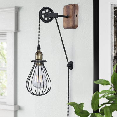 Industrial Farmhouse Plug in Wall Sconce- Metal Wall Lamp Cage with Pulley Lift