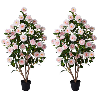 Set Of 2 Artificial Camellia Tree In Black Pot, UV Resistant Faux Camellia Plant For Indoor Outdoor Decor, Front Door Porch Patio Living Room Office