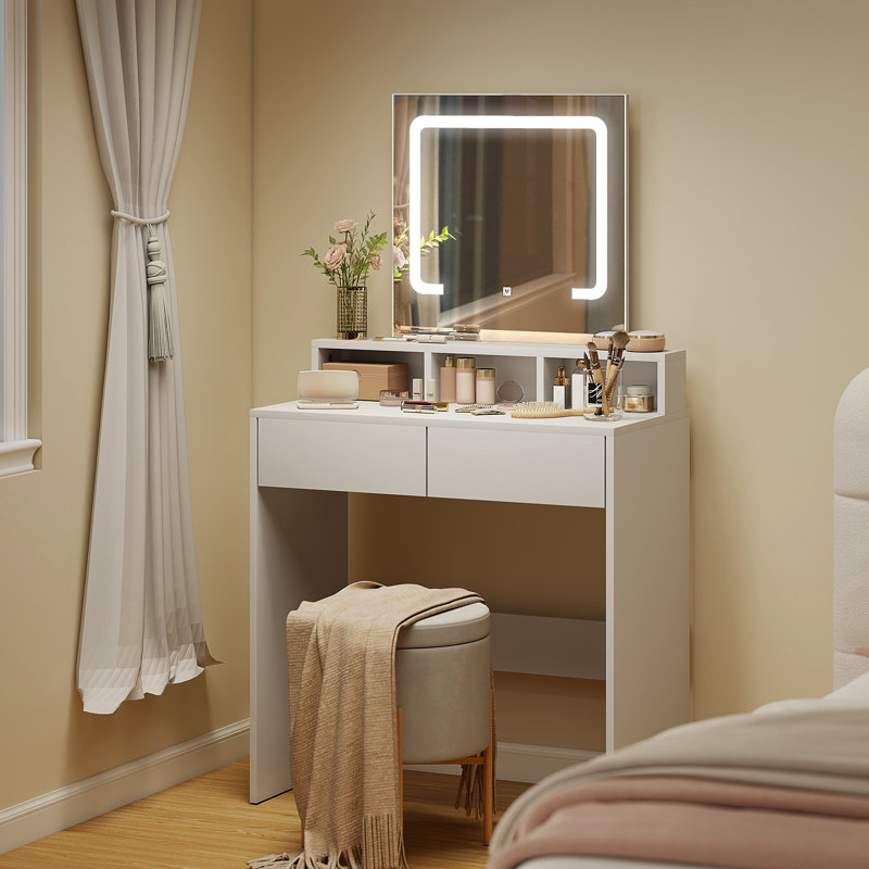 Bureau de maquillage avec miroir, 3 lumières DEL de couleur, tiroirs, blanc, Black