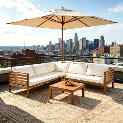 Wood Structure Outdoor Sofa Set with Beige Cushions, Water-resistant and UV Protected