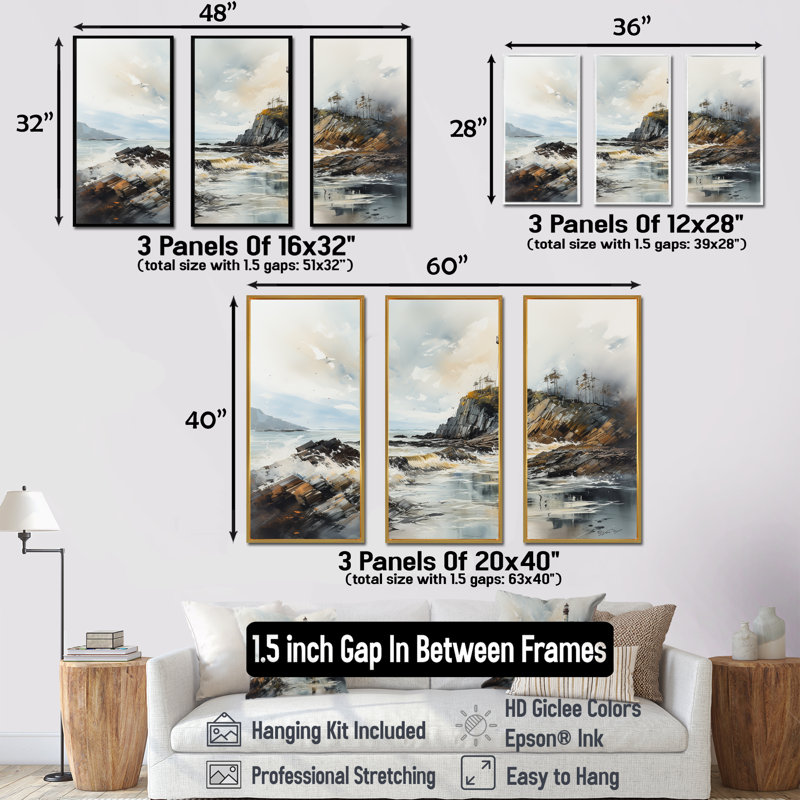 Ensemble de salon Coastal Light House Scenery I - Beach Light House Wall Art, Cadre flottant doré, H 40 po x l 60 po
