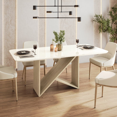 Table de salle à manger style italien en verre peint pour 6 avec base en bois élégante