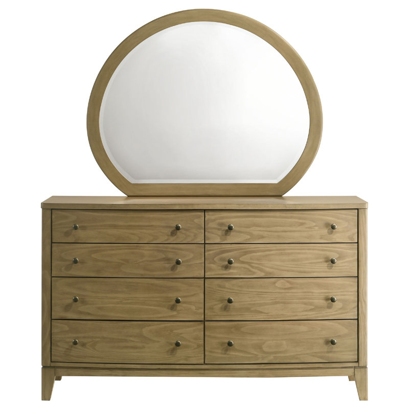 Commode large Heon avec miroir, 8 tiroirs, structure en bois brun naturel