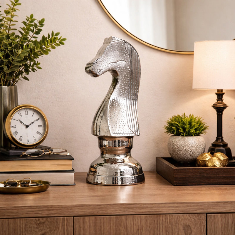 Sculpture décorative en forme de cheval d'échecs au fini nickel martelé - Décoration de table élégante (14 po)