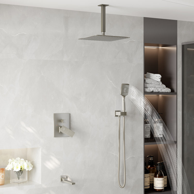 Brushed Nickel Ceiling Mounted Rain Shower System with Handheld