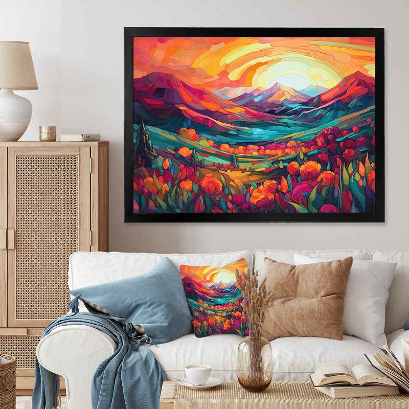 «Vibrant Sunset Shining Over Mountains I», art sur toile, Cadre noir, H 24 po x l 32 po x P 1 po