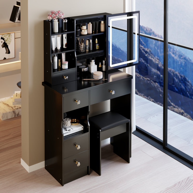 Petit meuble-lavabo 29,2 po avec tabouret de bureau et tabouret, Noir