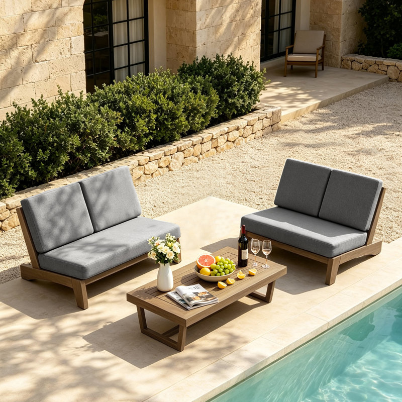 Polett Solid Wood Group Outdoor Conversation Set With Two Loveseats And Coffee Table, Gray, Brown