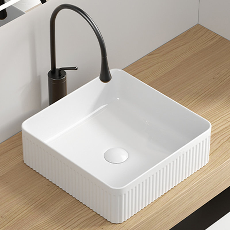 Lavabo vasque rectangulaire, 15 po x 15 po, en céramique de porcelaine blanche, conception rayée, de haute qualité et facile à installer, look de salle de bain moderne 15 po x 15 po, compatible avec divers robinets, teinture