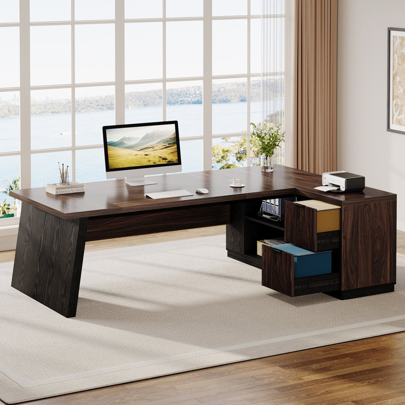 77.9 Inch L-Shaped Executive Office Desk With File Drawers And Cabinet For Home Office, Brown
