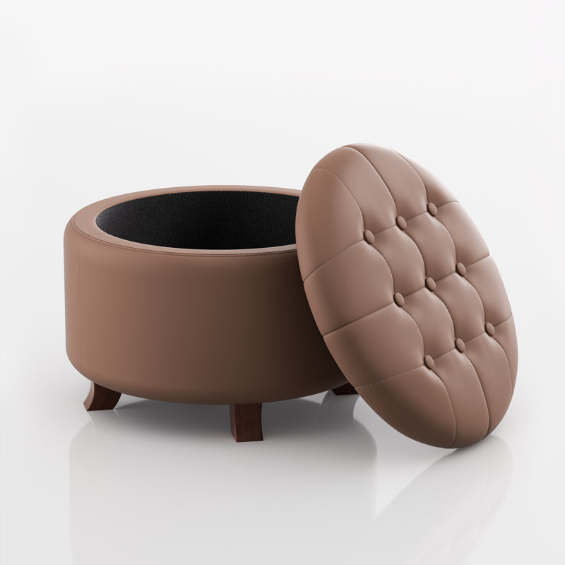 Storage Ottoman With Padded Seat, Modern PU Leather Footrest, Round Stool For Living Room Bedroom, Brown
