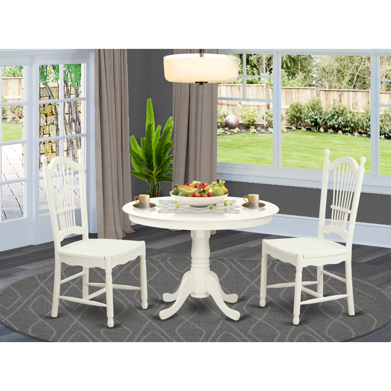 3 Piece Kitchen Table Set for Small Spaces Contains a Round Dining Room Table with Pedestal and 2 Dining Chairs, Linen White