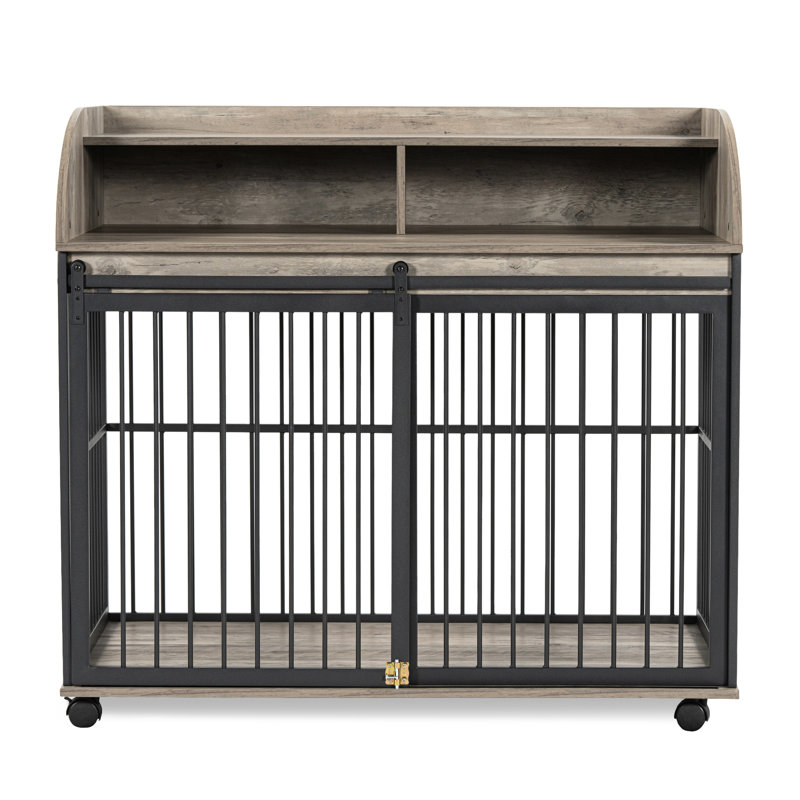 Cage pour chien avec rangement double couche et finition rouille, porte de chenil coulissante grise,