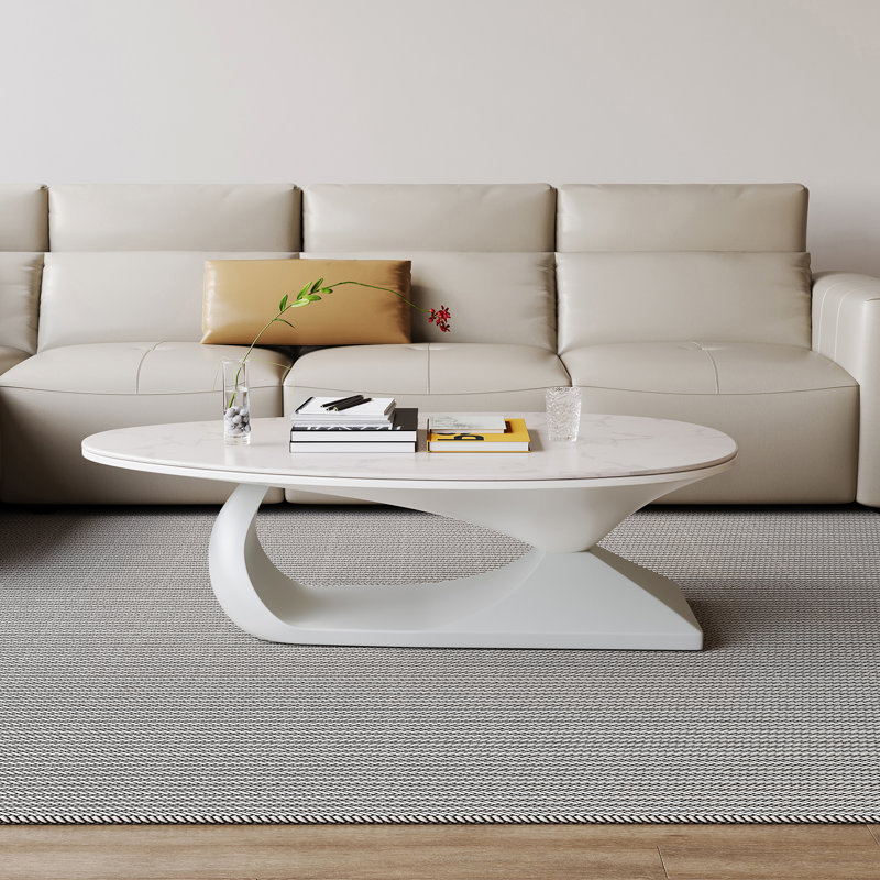 Table basse ovale moderne de style crème moderne avec plateau en pierre frittée de luxe, Blanc