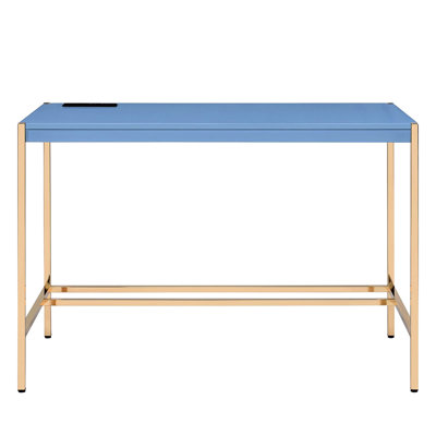 Fixed Writing Desk, Rectangular Navy Blue, Gold, Port, High Gloss Finish, Wooden Top, Open Metal Base