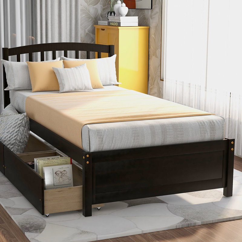 Cadre de lit plateforme simple avec deux tiroirs et tête de lit, Bois massif / bois manufacturé, Espresso