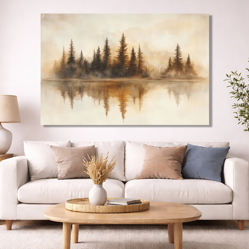 Art mural, reflet de la forêt, toile beige lac, reflet de la forêt beige au bord du lac, H 40 po x l 60 po, Toile tendue