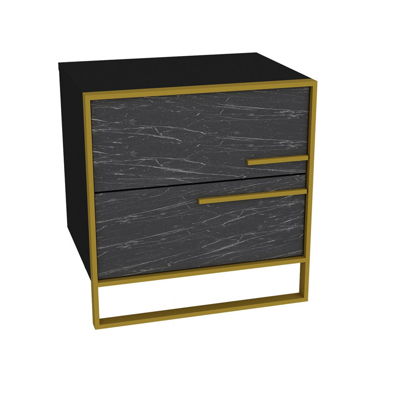 Elegant Nightstand with Marble Pattern, Black & Gold, 19.7 x 20.4 x 15.2 inches | 100% Melamine Coated Particle Board, 0.7 inches Thickness | Features Numerous Shelves & Additional Storage | Modern Glam Design