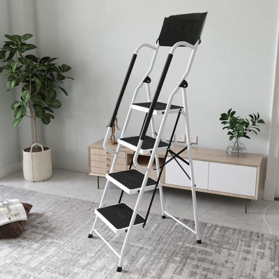 4-Step Steel Folding Step Ladder with Handrails, Tool Bag, Anti-Slip Matts