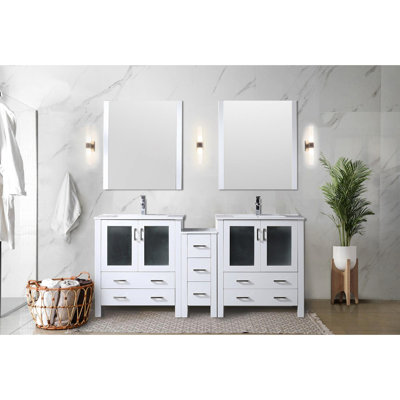 Meuble-lavabo double blanc 72 po L avec armoires latérales, plateau en céramique et 28 miroirs - robinet teinté x 18,25 po