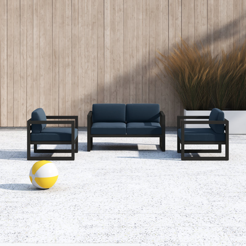 Smith 3 Piece Sofa Seating Group with Sunbrella Cushions, Spectrum Indigo Sunbrella®, Slate