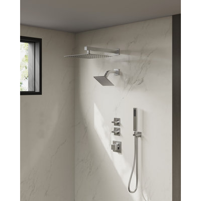 Rugen Rainfall Shower System 5-Spray Pattern, Large 12" & 6" Dual Rain Shower Head with Handheld Combo, Brushed Nickel Shower Faucet Set with Thermostatic Valve, High Pressure Showerhead