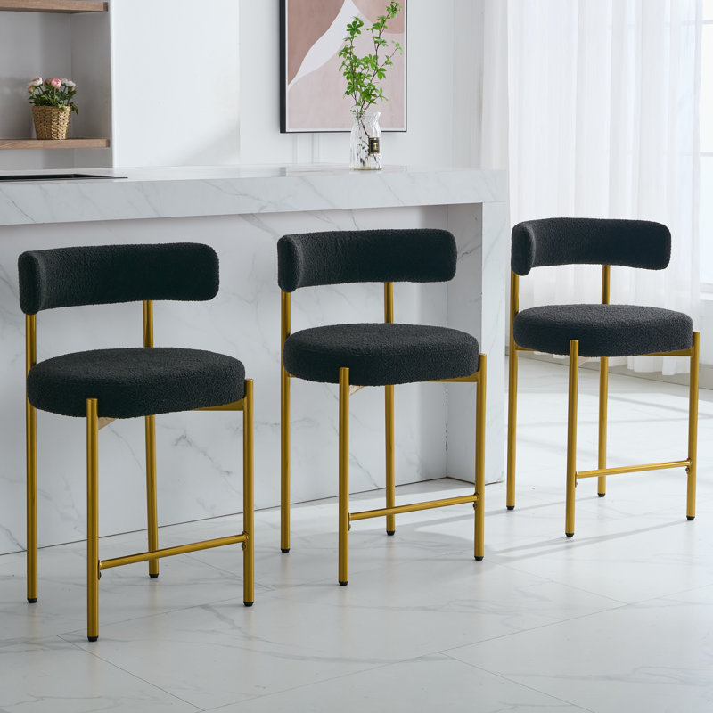 Luxurious Black Bouclé Upholstered Gold Metal Counter Stools, Set of 2