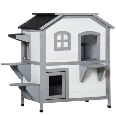 Maison pour chat d'extérieur à 2 étages - Enclos en bois avec trappe d'évacuation pour chats jusqu'à 10 livres, toit ouvert, plateformes de saut, chats de maison blanche, porte