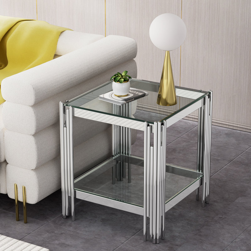 Luxury Square End Table, 20" Glass Sofa Side Table with Stainless Steel Frame and Tempered Glass Top, Cocktail Tea Table, Modern Glass End Table for Home Office