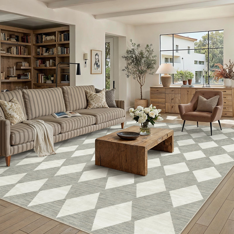 Tapis moderne lavable à losanges pour le salon avec envers antidérapant, Gris, Rectangle 5 pi x 7 pi