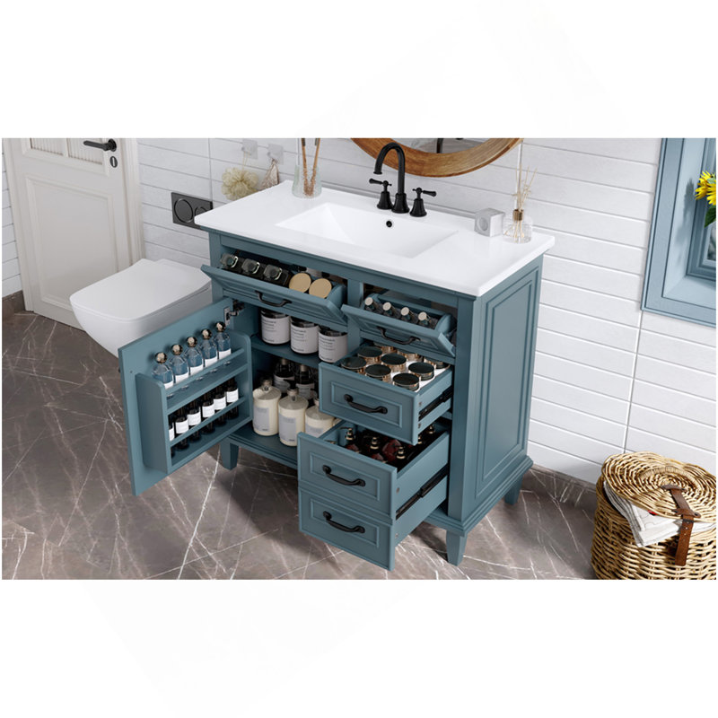 36 Inch Bathroom Vanity With Ceramic Sink Top, Wood Frame, MDF & Poplar Cabinet, Flip Drawers, Adjustable Shelf, And Zinc Alloy Handles, Freestanding Storage Cabinet (Faucet Not Included)