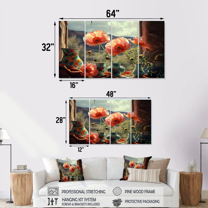 Dahmen - coquelicot, art mural 4 pièces, H 32 po x l 64 po