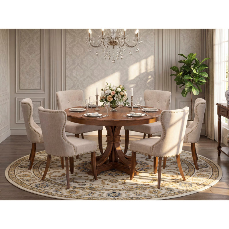 7-Pc Dining Set consists of a Pedestal Kitchen Table and 6 Light Tan Linen Fabric Parson Chairs with Button Tufted- Antique Walnut
