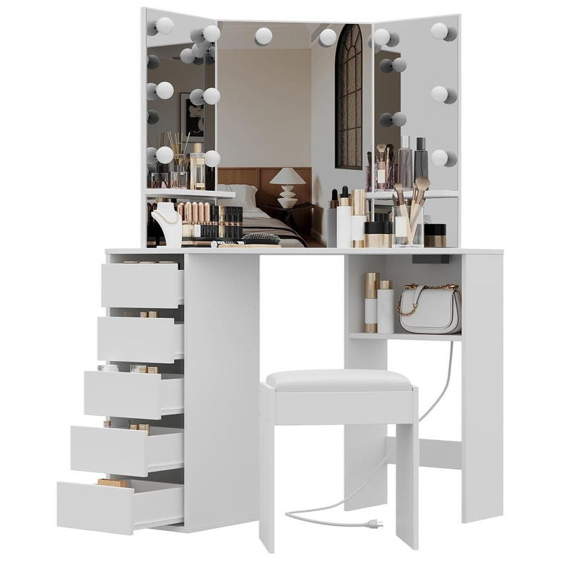 Ensemble de coiffeuse avec miroir à trois volets et éclairage à DEL, bureau d'angle avec tabouret, tiroirs et tablettes