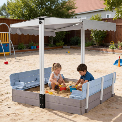 Kids Wooden Outdoor Sandbox W/Canopy, 2 Foldable Bench Seats, Retractable Roof Sand Protection Liner 47X47-Inch