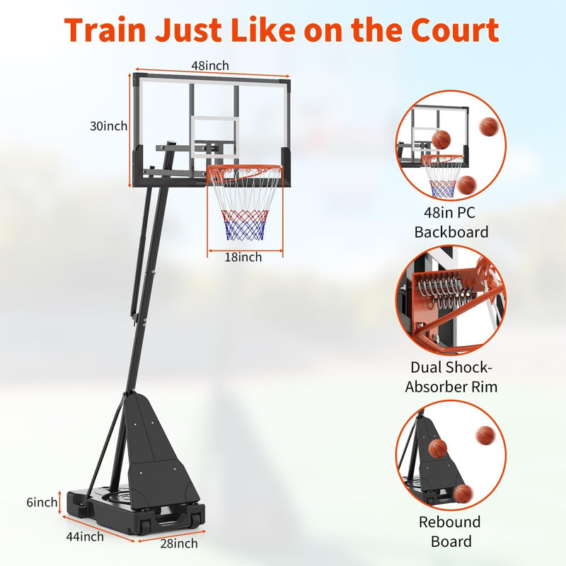 Panier de basketball portatif 4,9 à 10 pi de hauteur réglable avec panneau de 48 po en PC, roues et base stable
