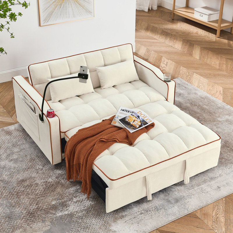 55.51" versatile foldable sofa bed in 3 lengths,  adjustable back and with USB port and ashtray and swivel phone stand