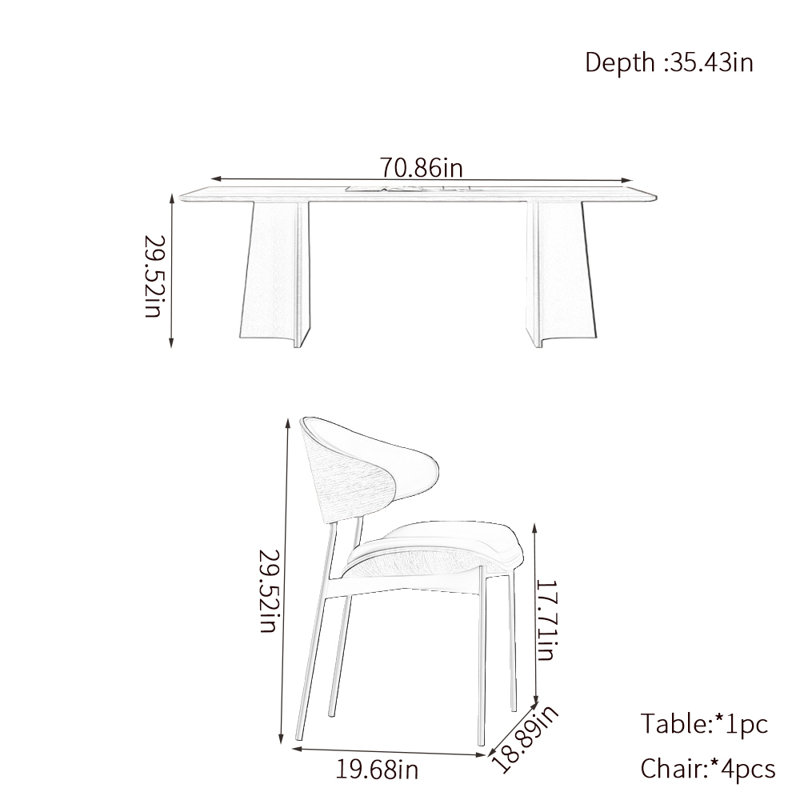 Retro rectangular family dining table sets, 29.52"H x 70.86"L x 35.43"W