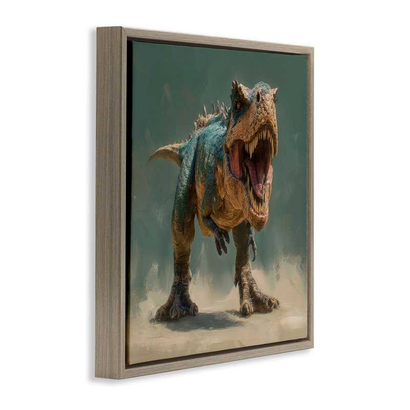 Roaring T-Rex dans un cadre flottant vert, design par Wumples, Montalcino orme flottant encadré, H 18 po x l 18 po