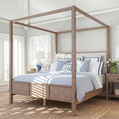 King size Wooden Canopy Platform bed with Upholstery Headboard,No Box Spring Needed,Natural Walnut