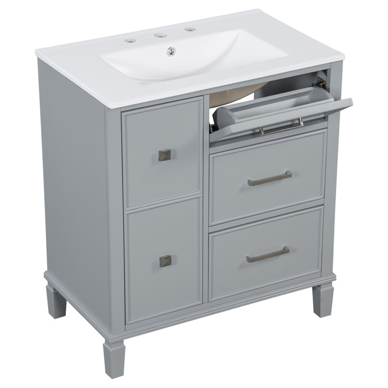 Meuble-lavabo de salle de bain avec lavabo en céramique et tiroir escamotable, 30 po, Gris